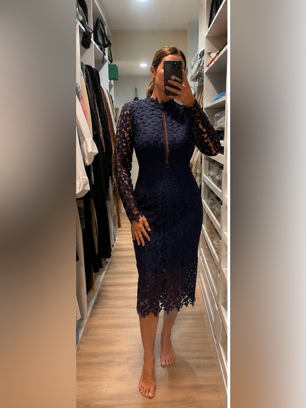 Bardot Navy Lace Long-Sleeve Midi Dress